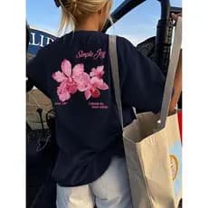 Camiseta Preta  Oversized Com Flor Rosa 100% Algodão