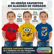 Camiseta Masculina Infantil Personagem Super Heróis Manga Curta 100% Algodão