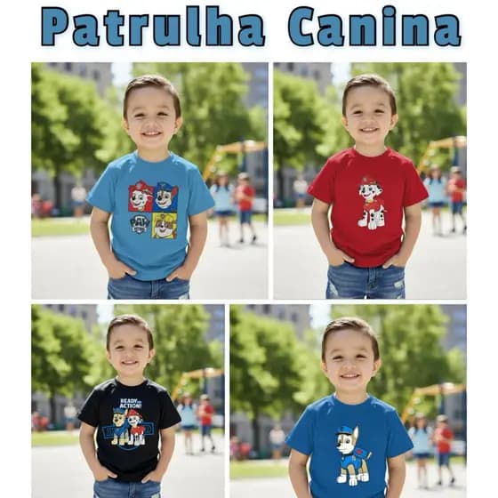 Camiseta Infantil Personagem Patrulha Canina 100% Algodão 30.1 Moda Infantil Manga Curta