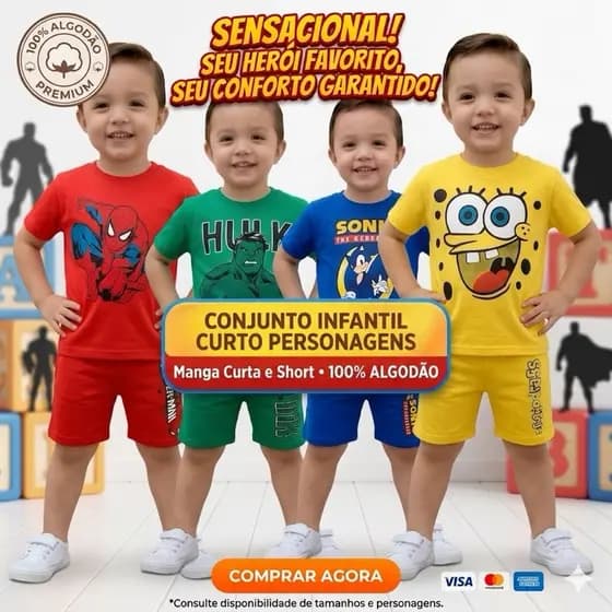 Conjunto Infantil Menino Verão Personagens Super Heróis 100% Algodão 30.1