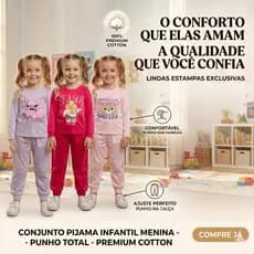 Conjunto Pijama Infantil Menina Manga Longa 100% Algodão 30.1 Meia Estação