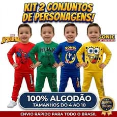 Kit 4 Peças Conjuntos Infantil Personagens e Heróis = 2 Conjuntos 100% Algodão