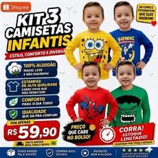 Kit 3 Camisetas Infantil Menino Manga Longa 100% Algodão. Personagens e Super-Heróis Incríveis