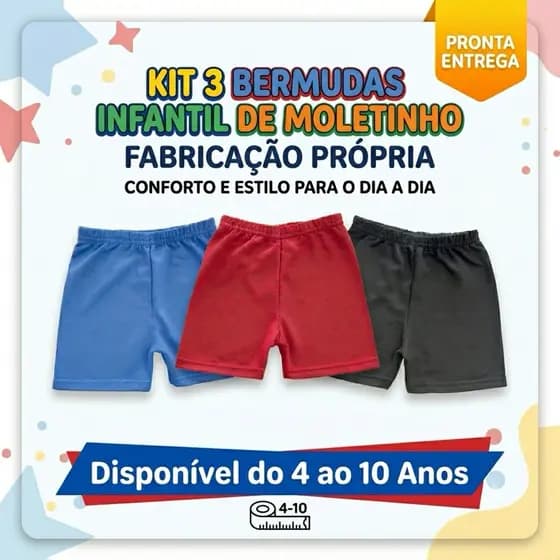 Kit 3 Bermudas Infantil de Moletinho do 4 ao 10 Anos 100% Algodão