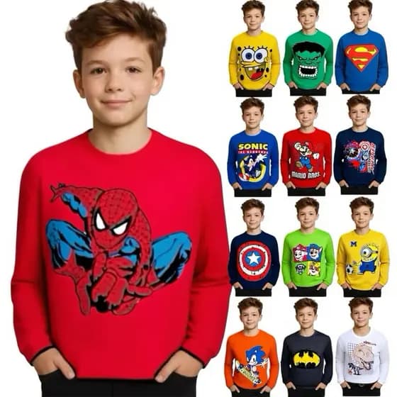 Kit 3 Camisetas Masculina Personagens Infantil Manga Longa Super Heróis 100% Algodão