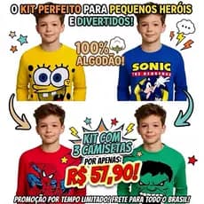 Kit 3 Camisetas Masculina Infantil Personagem Super Heróis Manga Longa Menino Inverno 100% Algodão