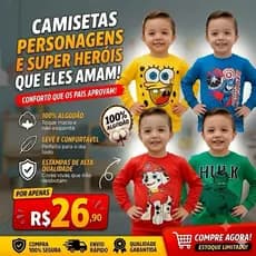 Camisetas Infantil Masculina Personagens Heróis Camisa Menino Manga Longa infantil 100% Algodão 30.1