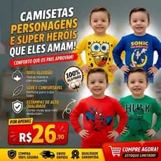 Camiseta Masculina Infantil Menino Manga Longa Personagens Super Heróis 100% Algodão