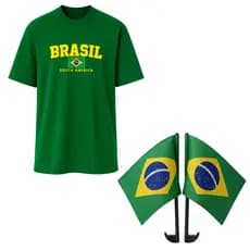 Camiseta Do Brasil Personalizada + Bandeiras Para Carro Com Haste Kit Torcedor Comemoração Copa