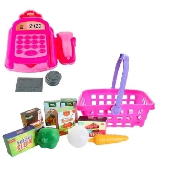 Kit Mini Mercadinho Caixa Registradora E Cestinha 20 Peças