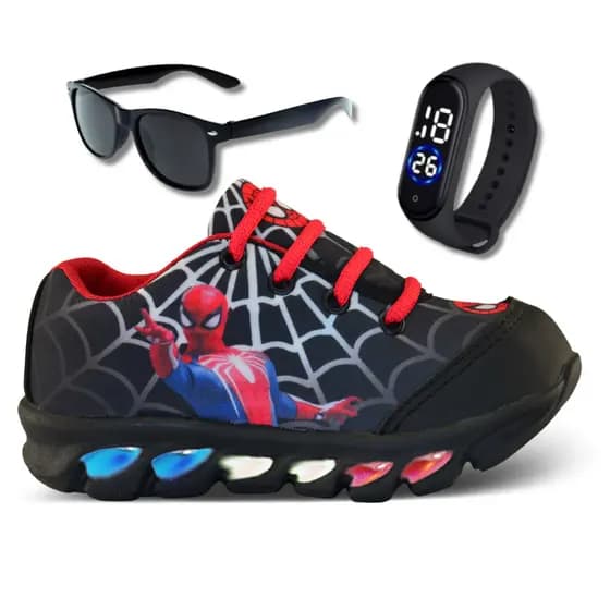 tenis de led infantil masculino homem aranha +relogio+oculos