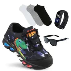 Kit Tenis De Led Infantil Meninos Ledstar Dino Dinossauro Desenhos Luzinhas Colorida + Meia,Relógio e Óculos