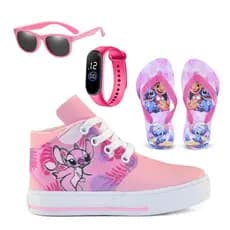 Kit Botinha Cano Alto Stitch Confortável com Chinelo, Relógio e Óculos Estilosos