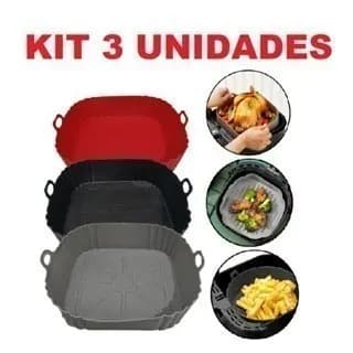 KIT 03 Formas de Silicone Quadrada Antiaderente Assadeira Air Fryer Forno Forma Fritadeira Elétrica com Alça - QUADRADA