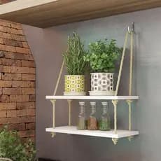 Prateleira 2 Andares Madeira Corda Sisal Rustica Suspensa Estante Decorativa Plantas Quarto Cozinha