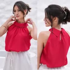 Blusa feminina Regata Gola manga curta elegante Tecido Crepe Seda Premium Alfaiataria modinha blogueira