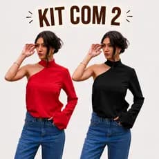 Kit com 2 Blusas Feminina Mula Manca Gola Alta Elegante Um Ombro Tendência Moda Crepe Premium Bata alfaiataria