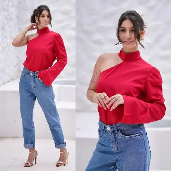 Blusa Feminina Mula Manca Gola Alta Elegante Um Ombro Tendência Moda Crepe Premium Alfaiataria Blogueira