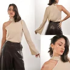 Blusa Feminina Mula Manca Gola Alta Elegante Um Ombro Tendência Moda Crepe Premium Bata alfaiataria
