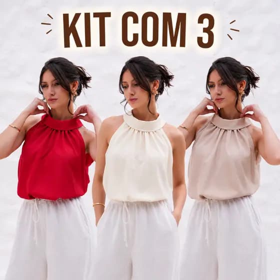 Kit com 3 Blusas feminina Regata Gola manga curta elegante Tecido Crepe Seda Premium Alfaiataria modinha blogueira