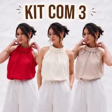 Kit com 3 Blusas feminina Regata Gola manga curta elegante Tecido Crepe Seda Premium Alfaiataria modinha blogueira