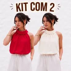 Kit com 2 Blusas feminina Regata Gola manga curta elegante Tecido Crepe Seda Premium Alfaiataria modinha blogueira