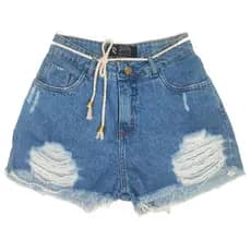 Short Jeans Feminino Rasgado Destroyed Cordão Cintura Alta
