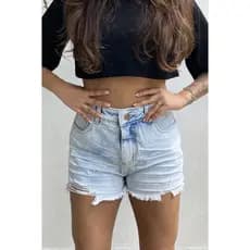 Short Jeans Feminino Rasgado Premium Destroyed Cordão Cintura Alta