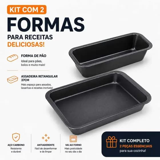 Kit 2 Pecas Assadeira Forma Para Pao Caseiro Teflon + Assadeira Retangular Forma 37 Cm Bolos
