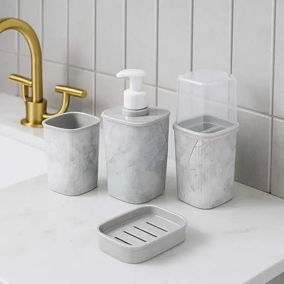 Kit Lavabo Com 4 Pecas Porta Sabonete Liquido Porta Escova Dentes Saboneteira Porta Cotonetes Linha Plasutil Banheiro