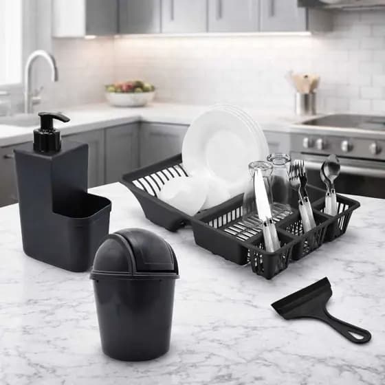 Kit Cozinha 4 Pecas Escorredor Louças + Rodinho Pia + Lixeira 2,4 Litros  + Dispenser Porta Detergente E Esponja Cozinha