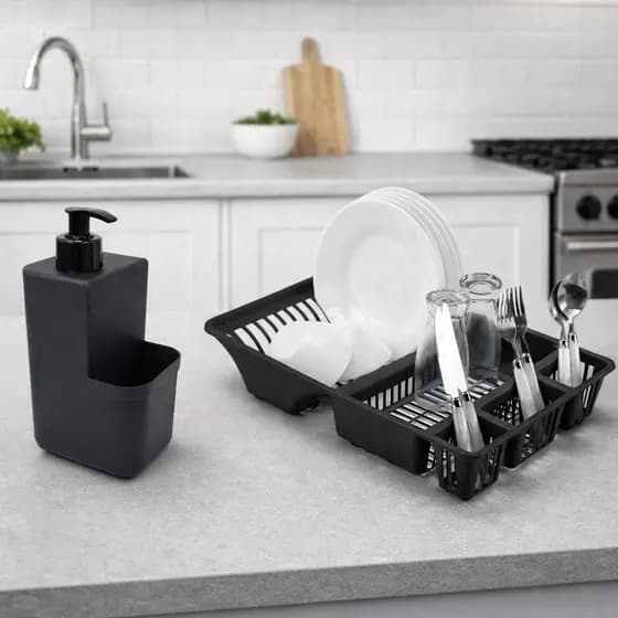 Kit Cozinha 2 Pecas Porta Detergente E Esponja Com Dispenser  + Escorredor De Loucas Pia Limpeza Decoração Organização