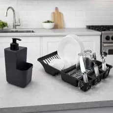 Kit Cozinha 2 Pecas Porta Detergente E Esponja Com Dispenser  + Escorredor De Loucas Pia Limpeza Decoração Organização