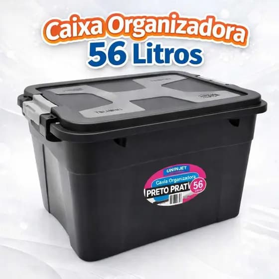 Caixa Organizadora Preta 56 Litros Com Tampa Travas Resistente Para Objetos Brinquedos Documentos Roupas Organização