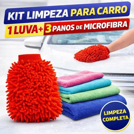 Kit Limpeza Com 1 Luva 100% Microfibra + 3 Panos Magicos Limpeza Casa Carros Moto Não Solta Pelos Não Risca Multiuso