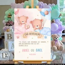 Quadro Decorativo Placa Chá Revelação Ursinhos Balão Menino ou Menina Personalizado