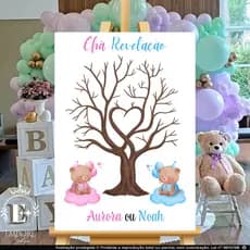 Quadro Decorativo Chá Revelação Árvore da Vida Digitais Ursinhos Personalizado Com Nome