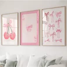 Quadros Decorativos Aesthetic Fashion Cherry Cereja Rosa Moderno 3 Peças