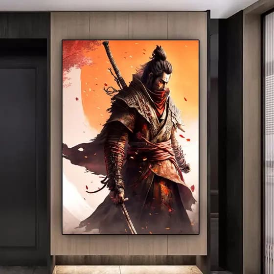 Quadro Decorativo Samurai Sakura Guerreiro, decoração casa Quadro Decorativo japonês gueixa samurai tamanho grande Decoração para sala casa cozinha quarto Quadro decorativo abstrata Moderno Decoração Sakura Guerreiro, Sunset Retro arte #01
