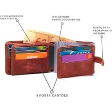 Carteira Masculina Couro Legítimo RG Porta Cheques Moedas Notas Completa Presente