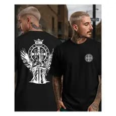 Camiseta Unissex Cristã Medalha de São Bento Santo Catolica Cavaleiro Cruz Sagrada Religiosa Oração Proteção