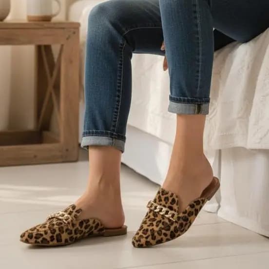 Mule Feminino Confortavel Macio Elegante com Corrente Cores Preto, Onça, Rosa Confort Ref 025