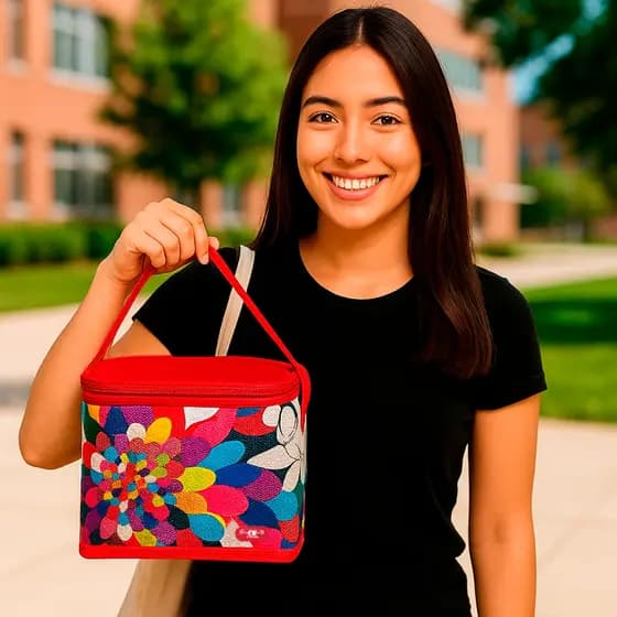 Frasqueira Térmica  Feminina Vermelha Floral Estampada para o Trabalho Marmita Lanche Escola Faculdade
