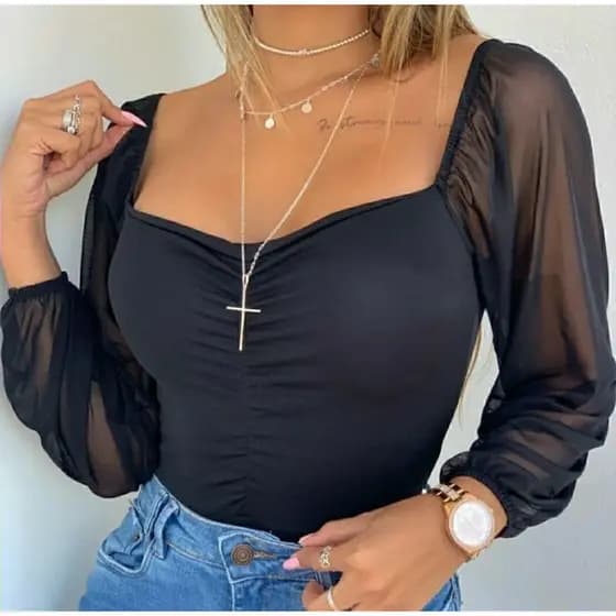 Body Manga Longa Tule Bufantes Bojo Fecho