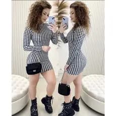 Vestido Feminino Manga Longa Gola Alta Curto e Justo Pied Poule