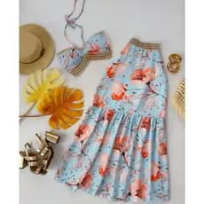 Conjunto Floral Longo Feminino – Top com Amarração e Saia com Babados