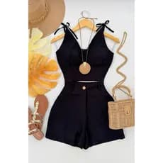 Conjunto Feminino Cropped e Short Linho com Elastano – Verão Elegante