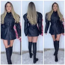 Sobretudo Couro Com Cinto Mangas Bufantes