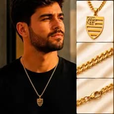 Cordão 60cm Dourado Masculino Pingente Flamengo Aço Inox