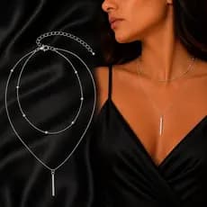 Colar Feminino Duplo Bolinhas e Pingente Barra Banhado Prata